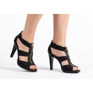 Michael Kors Berkley TStrap Sandals Black Patent Leather Zip Front Heels Size 10